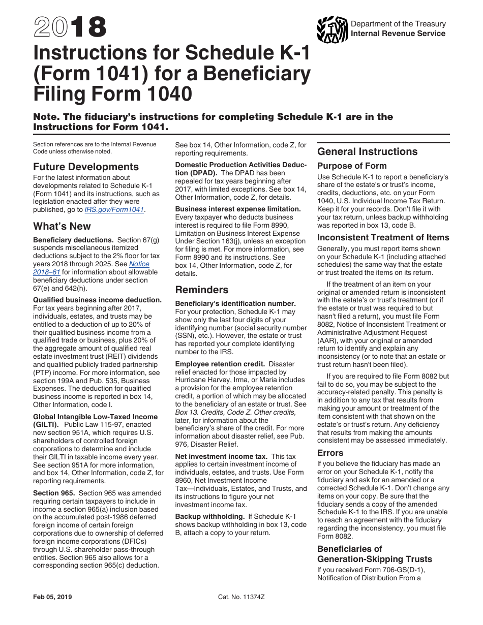 Download Instructions for IRS Form 1041 Schedule K-1 Beneficiary Filing IRS Form 1040 PDF, 2018