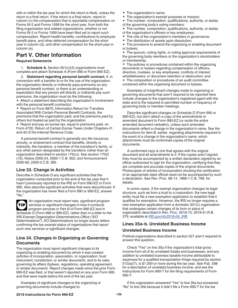 Instructions for IRS Form 990-EZ Short Form Return of Organization Exempt From Income Tax, Page 19