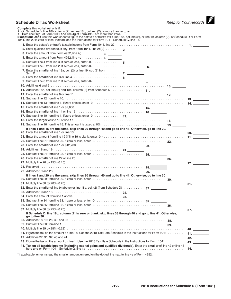 Download Instructions for IRS Form 1041 Schedule D Capital Gains and
