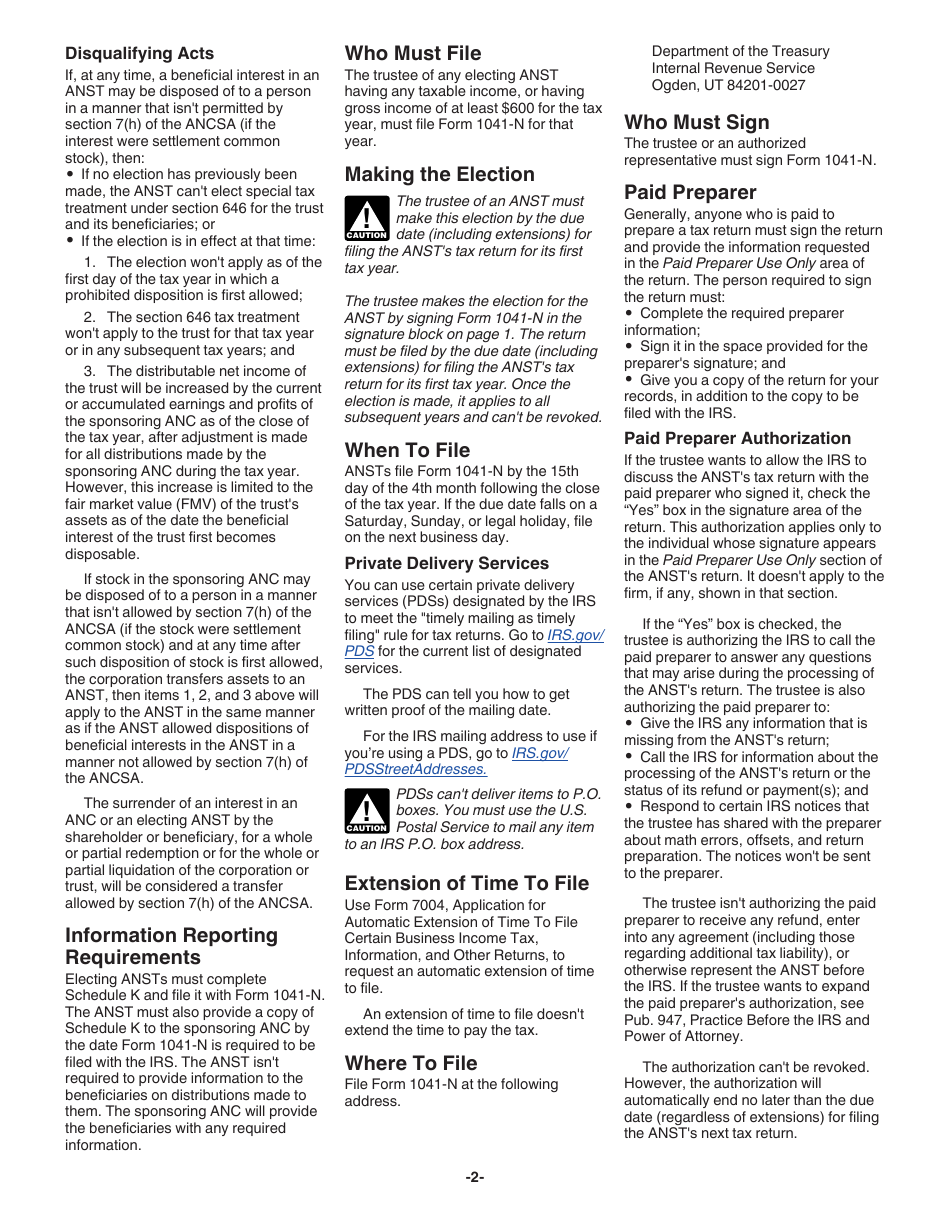 Instructions for IRS Form 1041-N U.S. Income Tax Return for Electing Alaska Native Settlement Trusts, Page 2