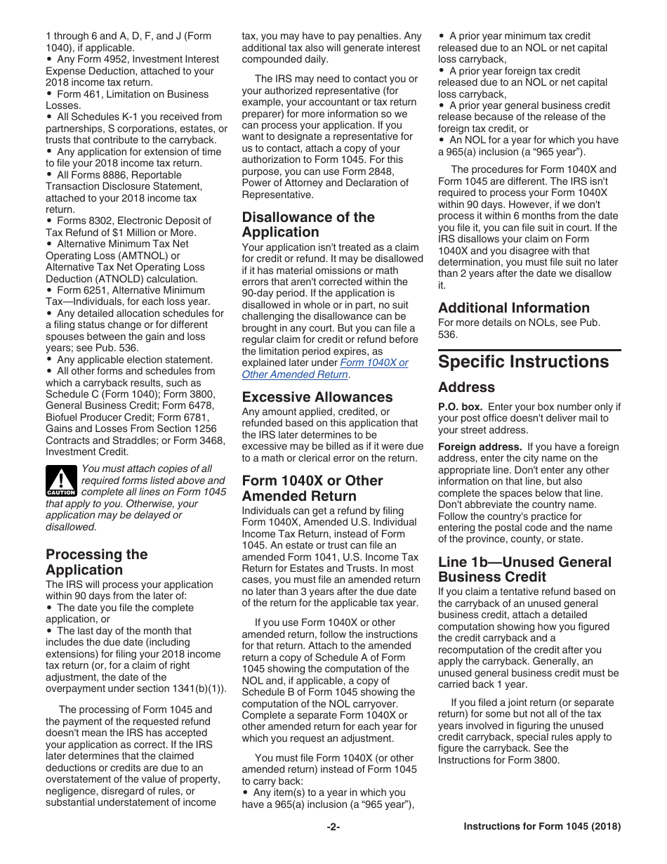 Instructions for IRS Form 1045 Application for Tentative Refund, Page 2