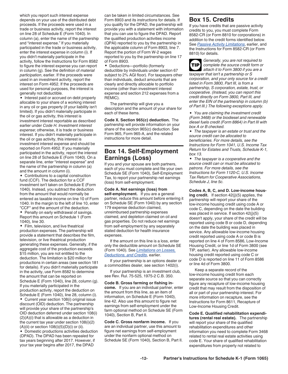 Instructions for IRS Form 1065 Schedule K-1 Partners Share of Income, Deductions, Credits, Etc. (For Partners Use Only), Page 12