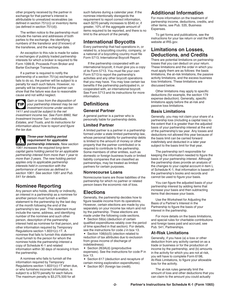 Instructions for IRS Form 1065 Schedule K-1 Partners Share of Income, Deductions, Credits, Etc. (For Partners Use Only), Page 2