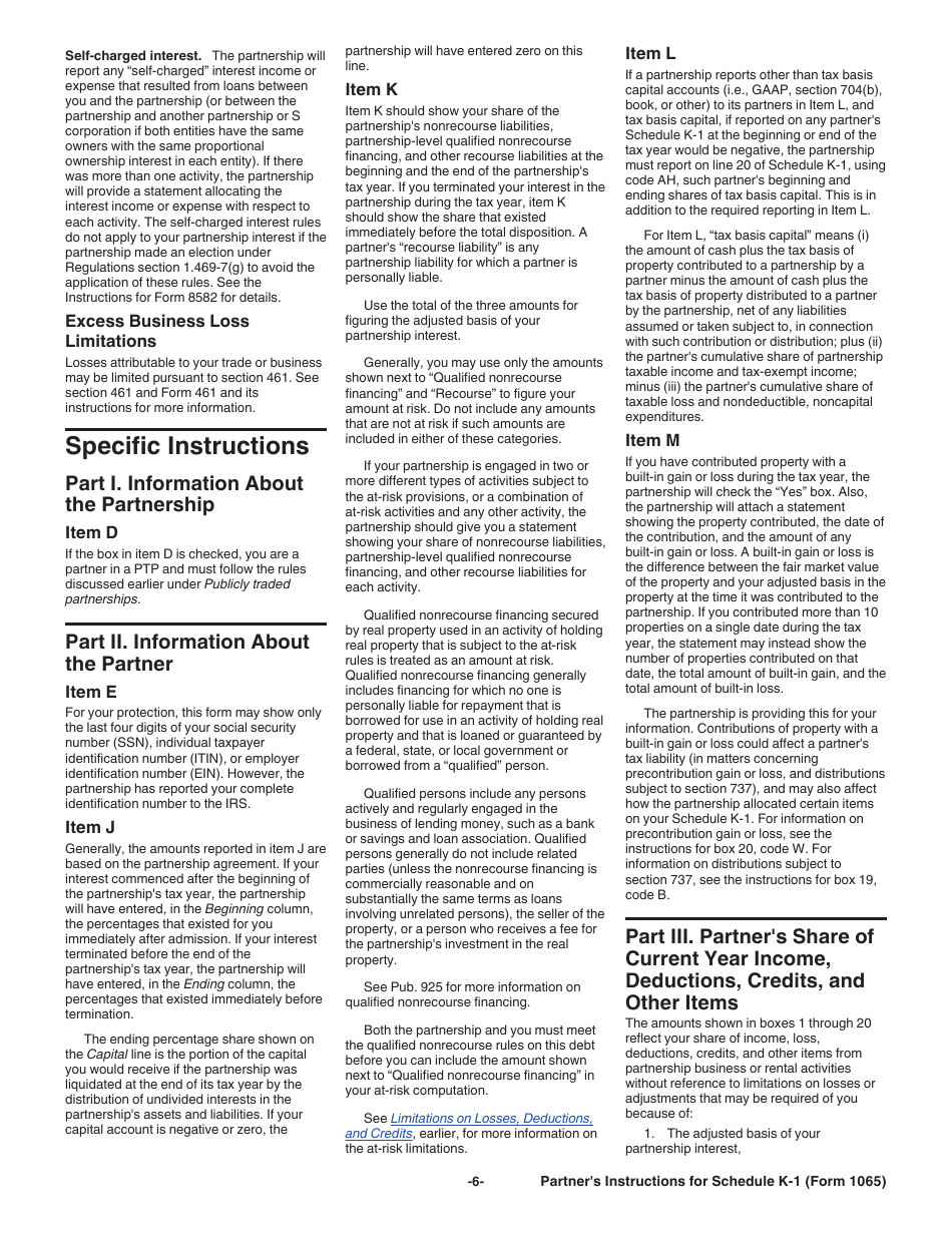Instructions for IRS Form 1065 Schedule K-1 Partners Share of Income, Deductions, Credits, Etc. (For Partners Use Only), Page 6