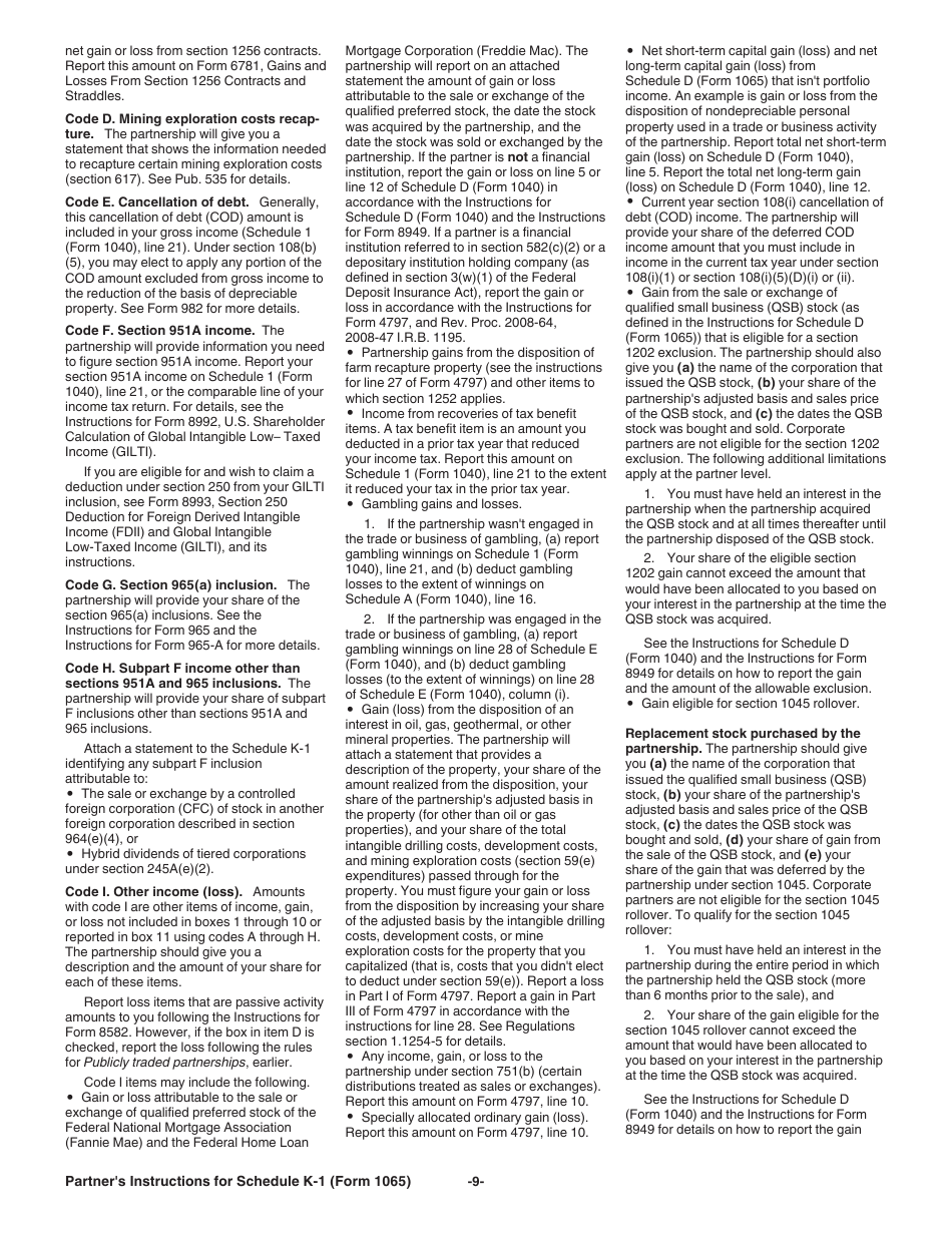 Instructions for IRS Form 1065 Schedule K-1 Partners Share of Income, Deductions, Credits, Etc. (For Partners Use Only), Page 9