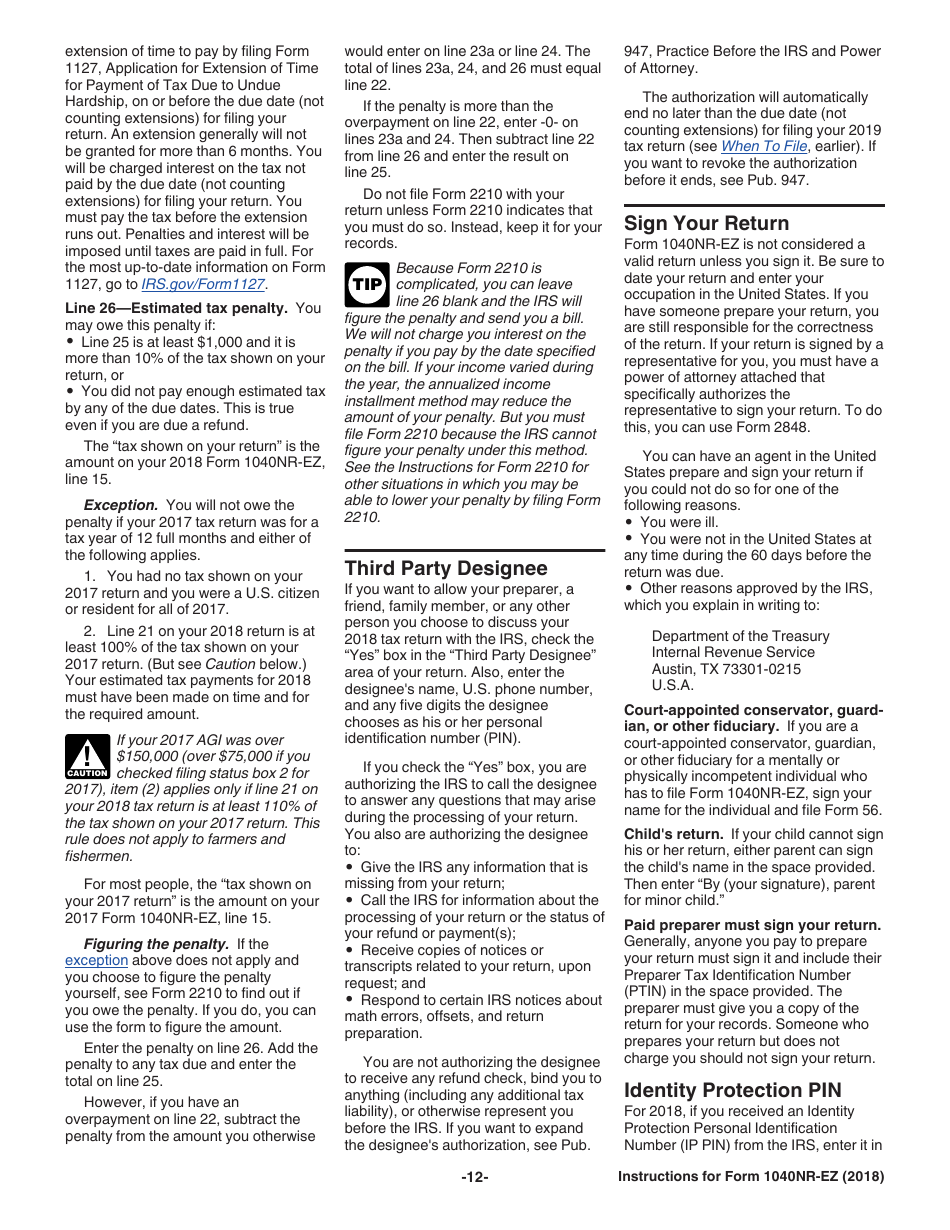 Instructions for IRS Form 1040NR-EZ U.S. Income Tax Return for Certain Nonresident Aliens With No Dependents, Page 12