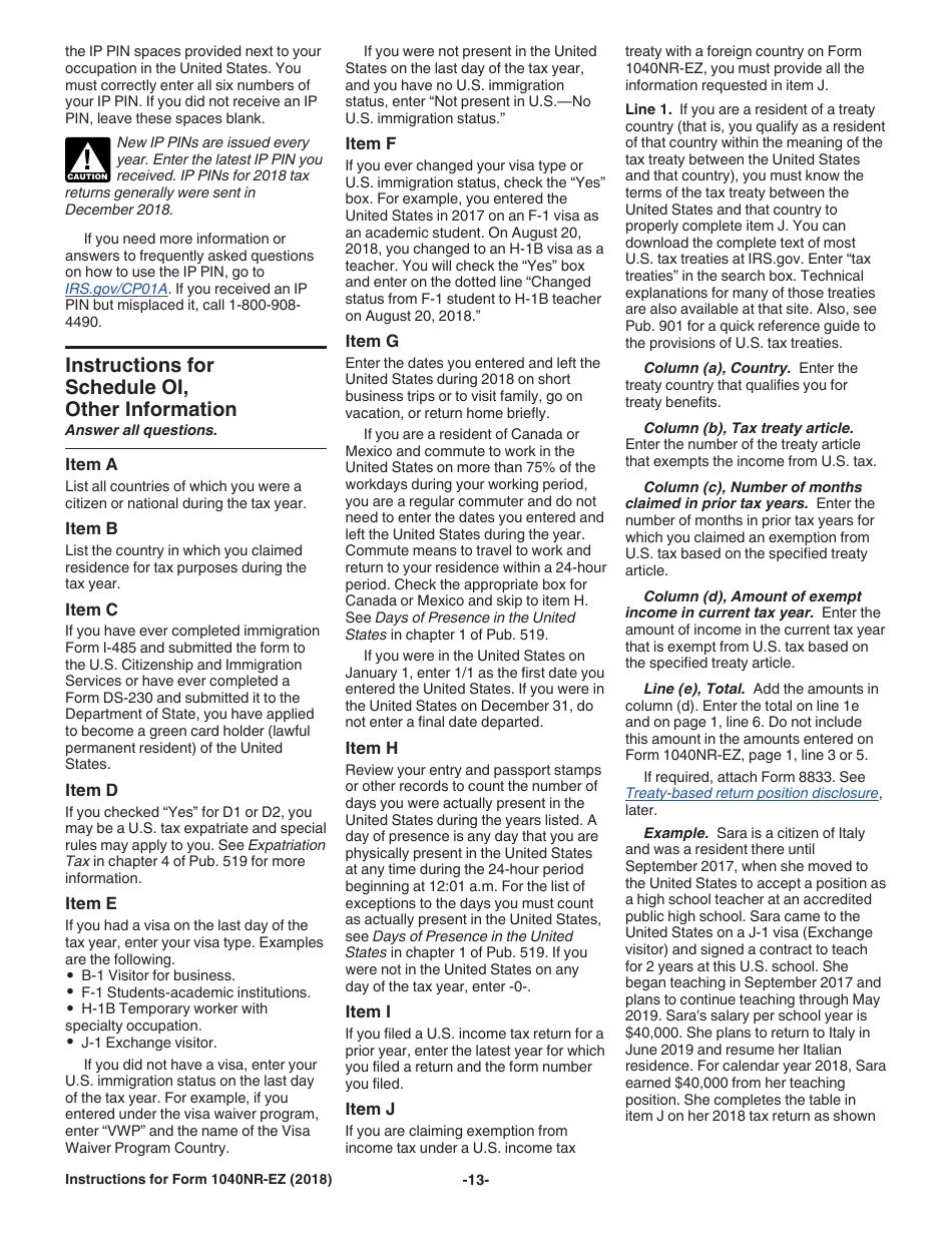 Instructions for IRS Form 1040NR-EZ U.S. Income Tax Return for Certain Nonresident Aliens With No Dependents, Page 13