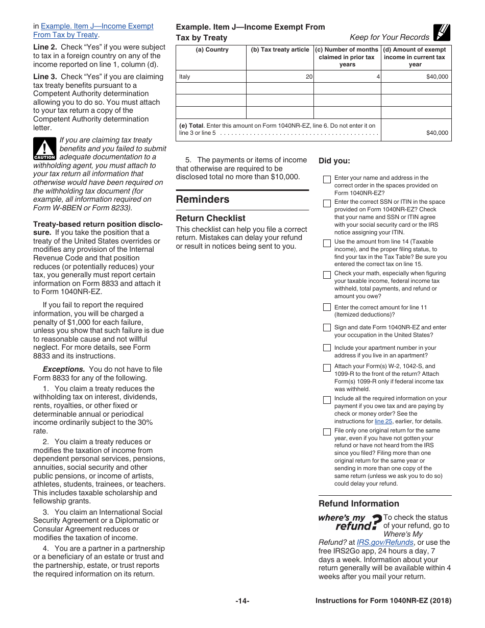 Instructions for IRS Form 1040NR-EZ U.S. Income Tax Return for Certain Nonresident Aliens With No Dependents, Page 14