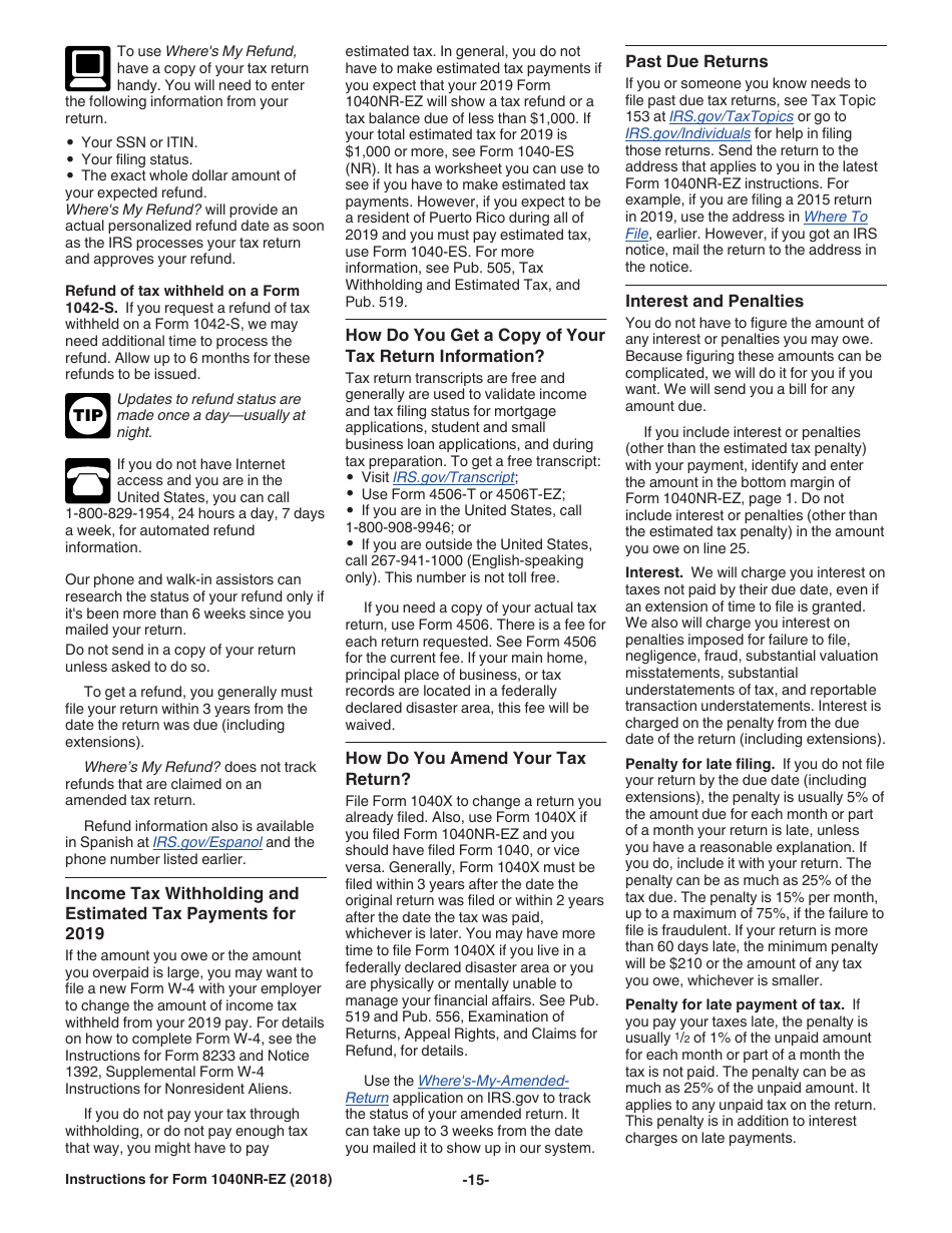 Instructions for IRS Form 1040NR-EZ U.S. Income Tax Return for Certain Nonresident Aliens With No Dependents, Page 15