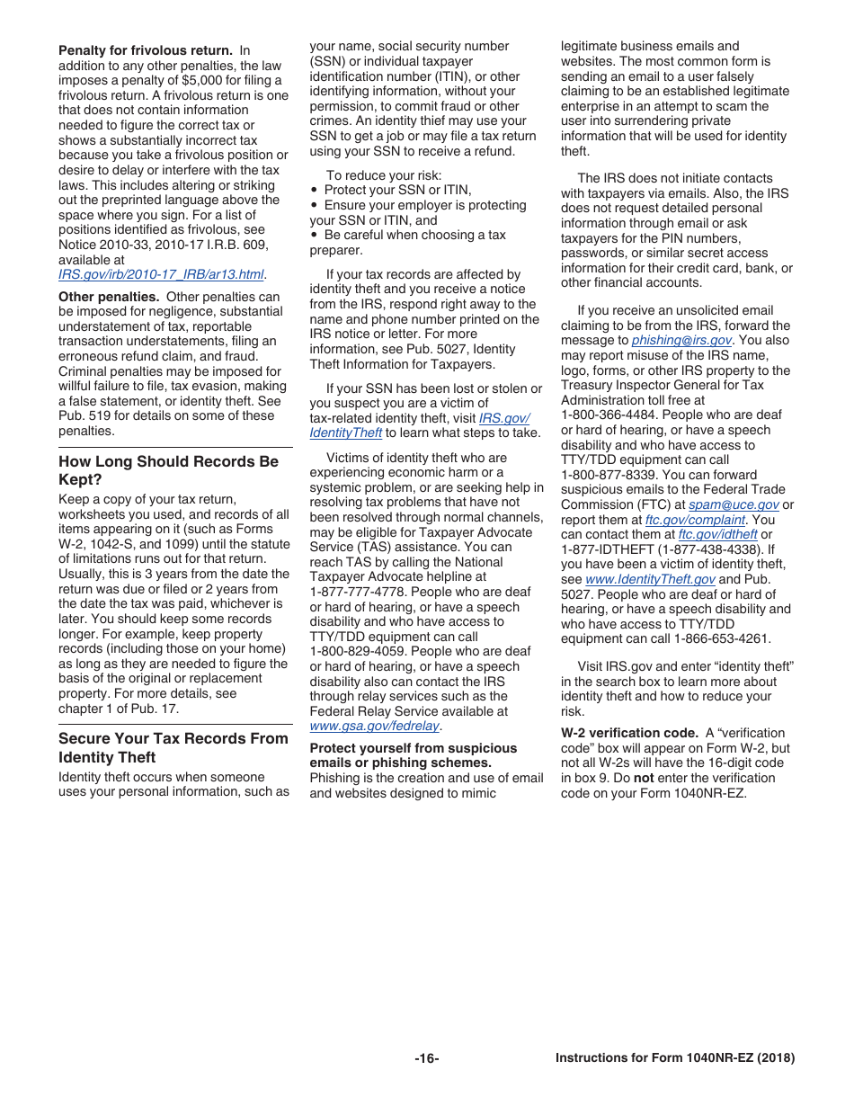 Instructions for IRS Form 1040NR-EZ U.S. Income Tax Return for Certain Nonresident Aliens With No Dependents, Page 16