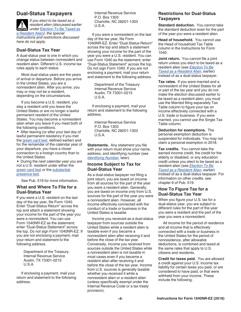 Instructions for IRS Form 1040NR-EZ U.S. Income Tax Return for Certain Nonresident Aliens With No Dependents, Page 4