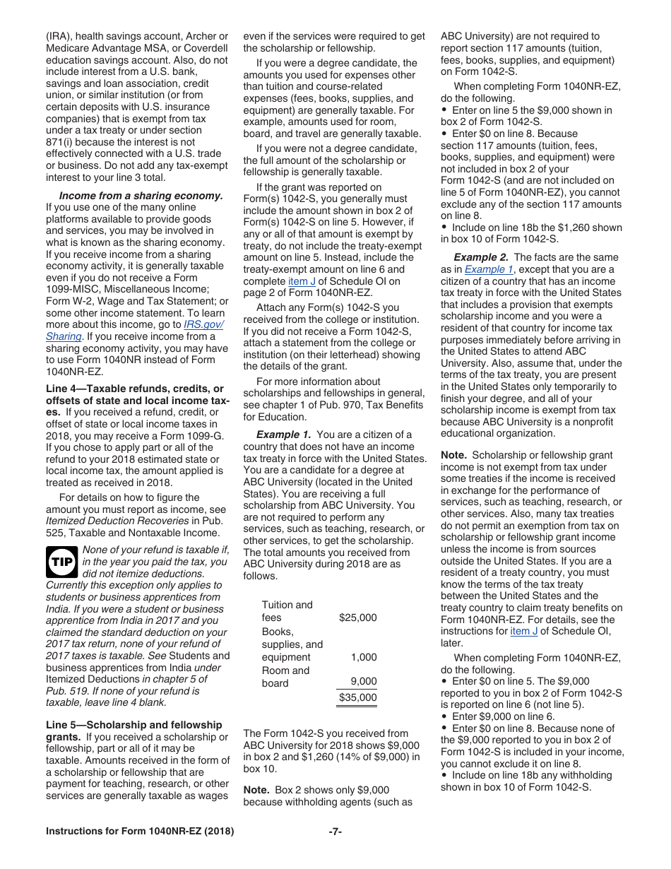 Instructions for IRS Form 1040NR-EZ U.S. Income Tax Return for Certain Nonresident Aliens With No Dependents, Page 7
