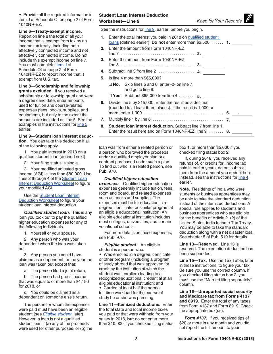 Instructions for IRS Form 1040NR-EZ U.S. Income Tax Return for Certain Nonresident Aliens With No Dependents, Page 8