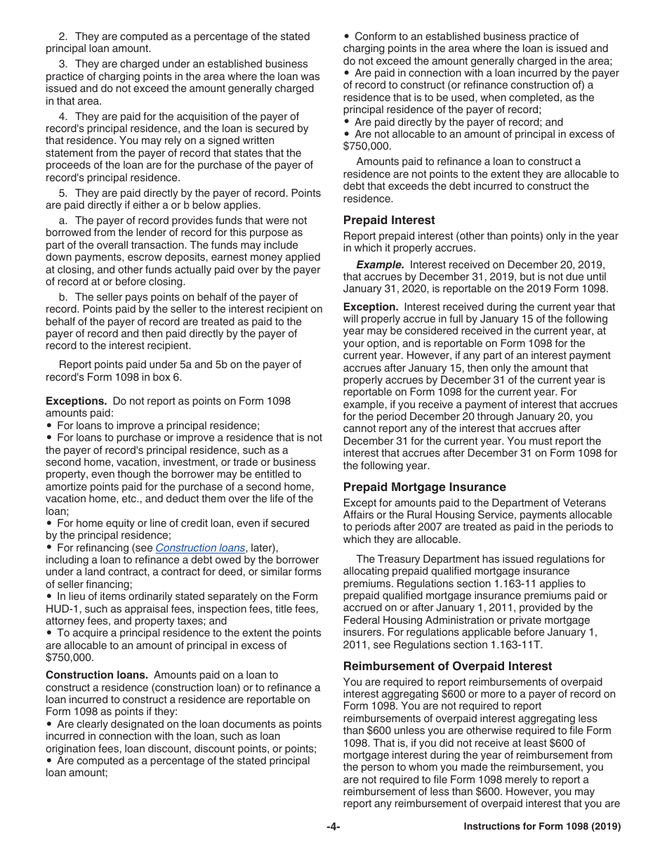 Instructions for IRS Form 1098 Mortgage Interest Statement, Page 4