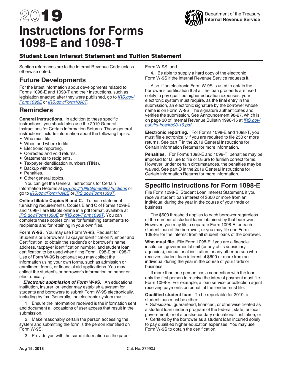 Instructions for IRS Form 1098-E, 1098-T Student Loan Interest Statement and Tuition Statement, Page 1