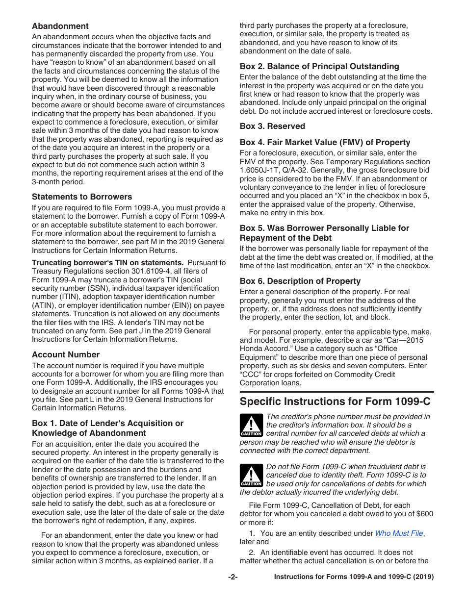 Instructions for IRS Form 1099-A, 1099-C Acquisition or Abandonment of Secured Property and Cancellation of Debt, Page 2