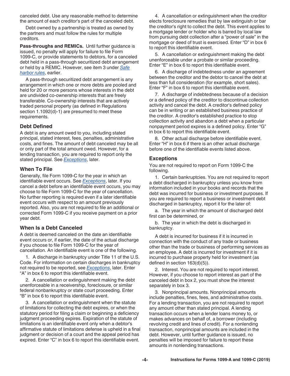 Instructions for IRS Form 1099-A, 1099-C Acquisition or Abandonment of Secured Property and Cancellation of Debt, Page 4