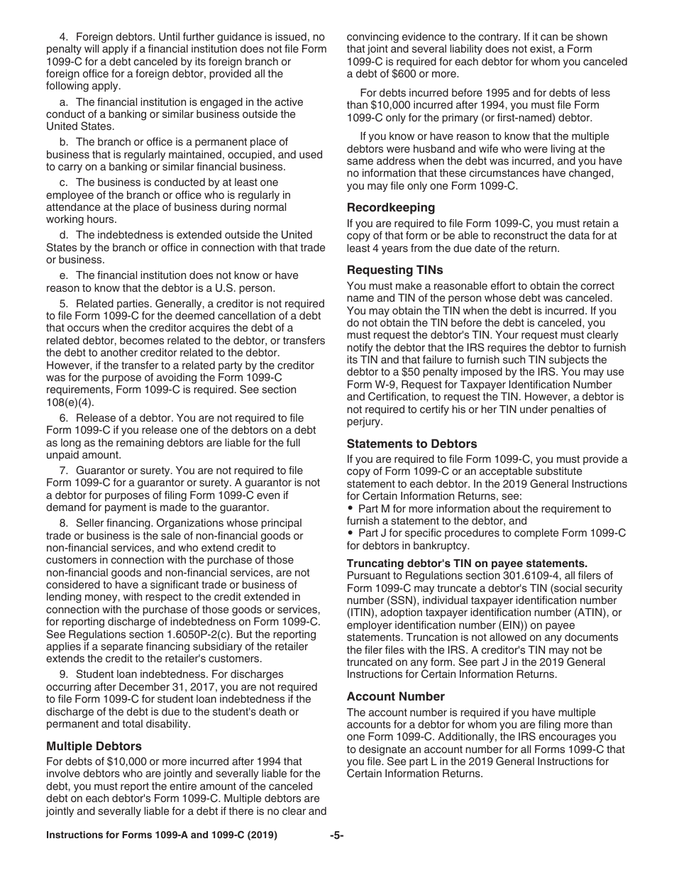Instructions for IRS Form 1099-A, 1099-C Acquisition or Abandonment of Secured Property and Cancellation of Debt, Page 5