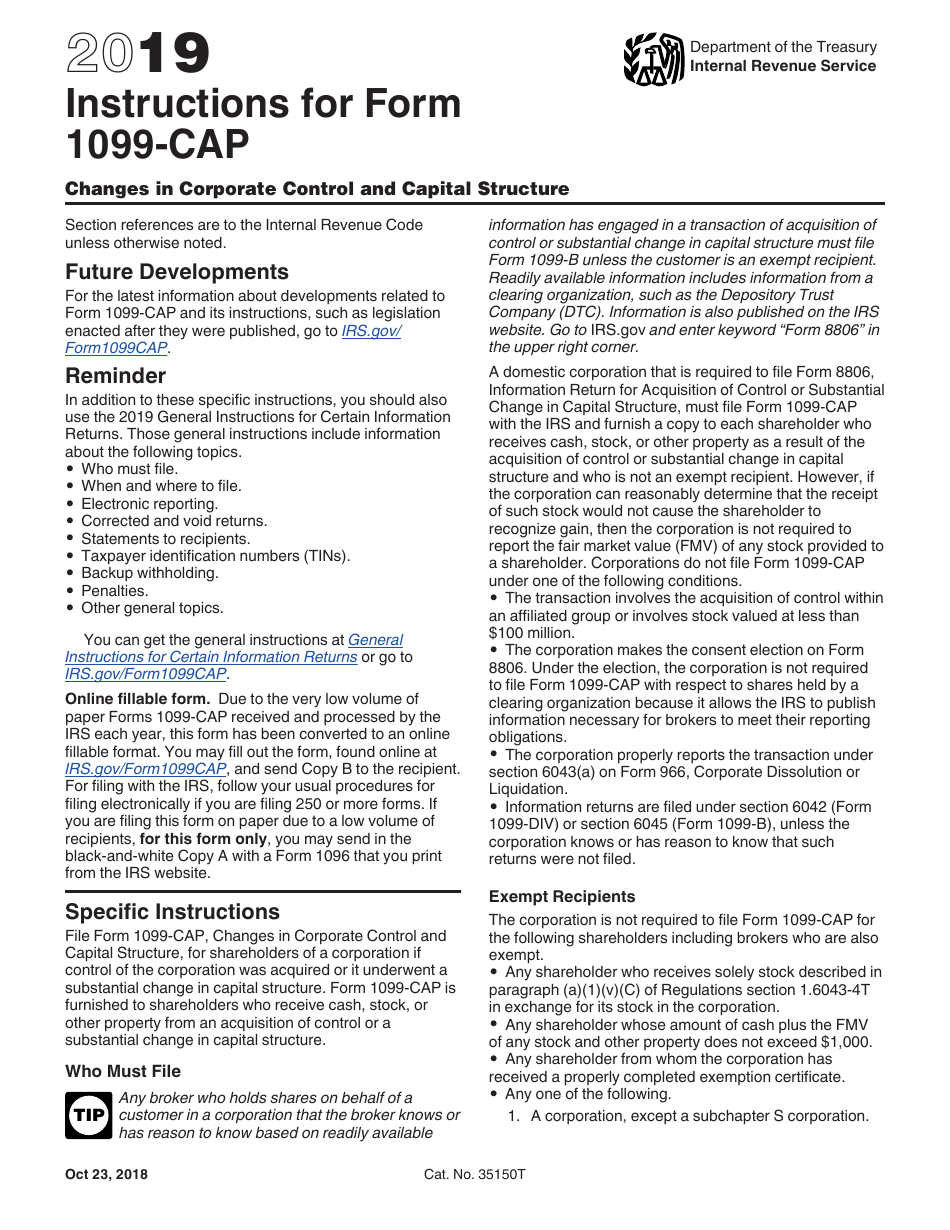 Instructions for IRS Form 1099-CAP Changes in Corporate Control and Capital Structure, Page 1