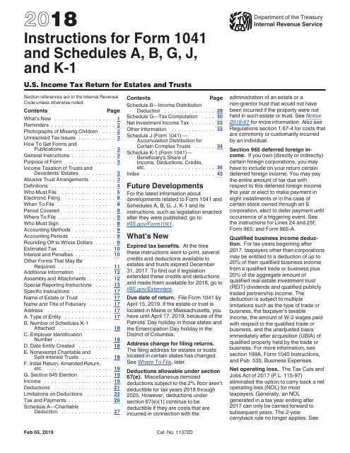 IRS Form 1041 Schedule A, B, G, J, K-1 2018 Printable Pdf