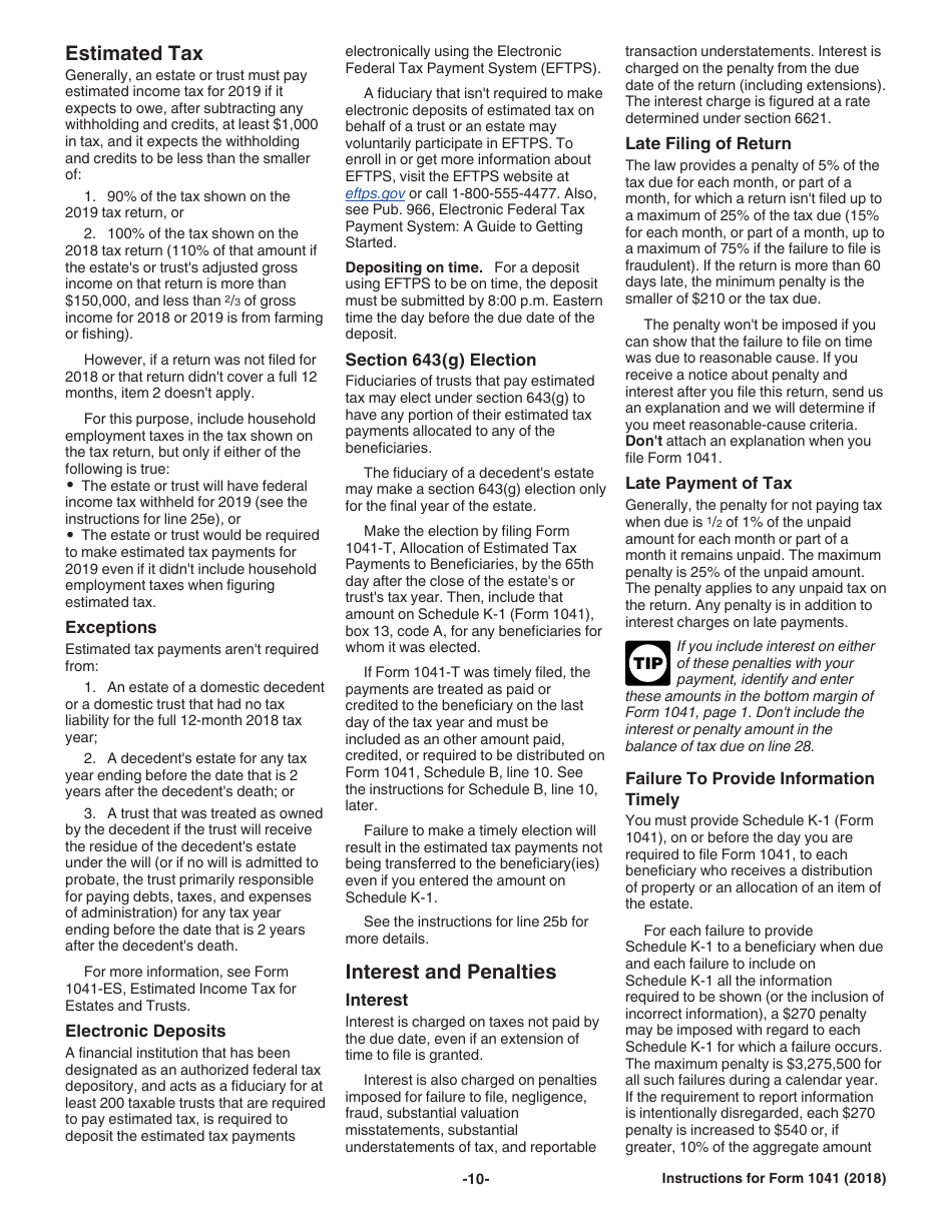 Instructions for IRS Form 1041 Schedule A, B, G, J, K-1 U.S. Income Tax Return for Estates and Trusts, Page 10