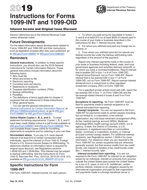 IRS Form 1099-INT, 1099-OID 2019 Printable Pdf