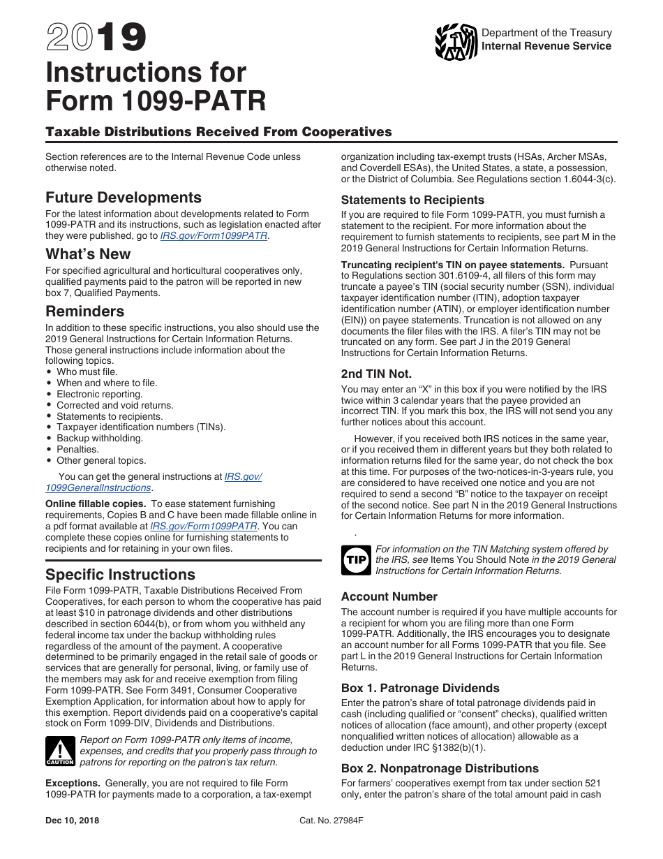 Instructions for IRS Form 1099-PATR Taxable Distributions Received From Cooperatives, Page 1