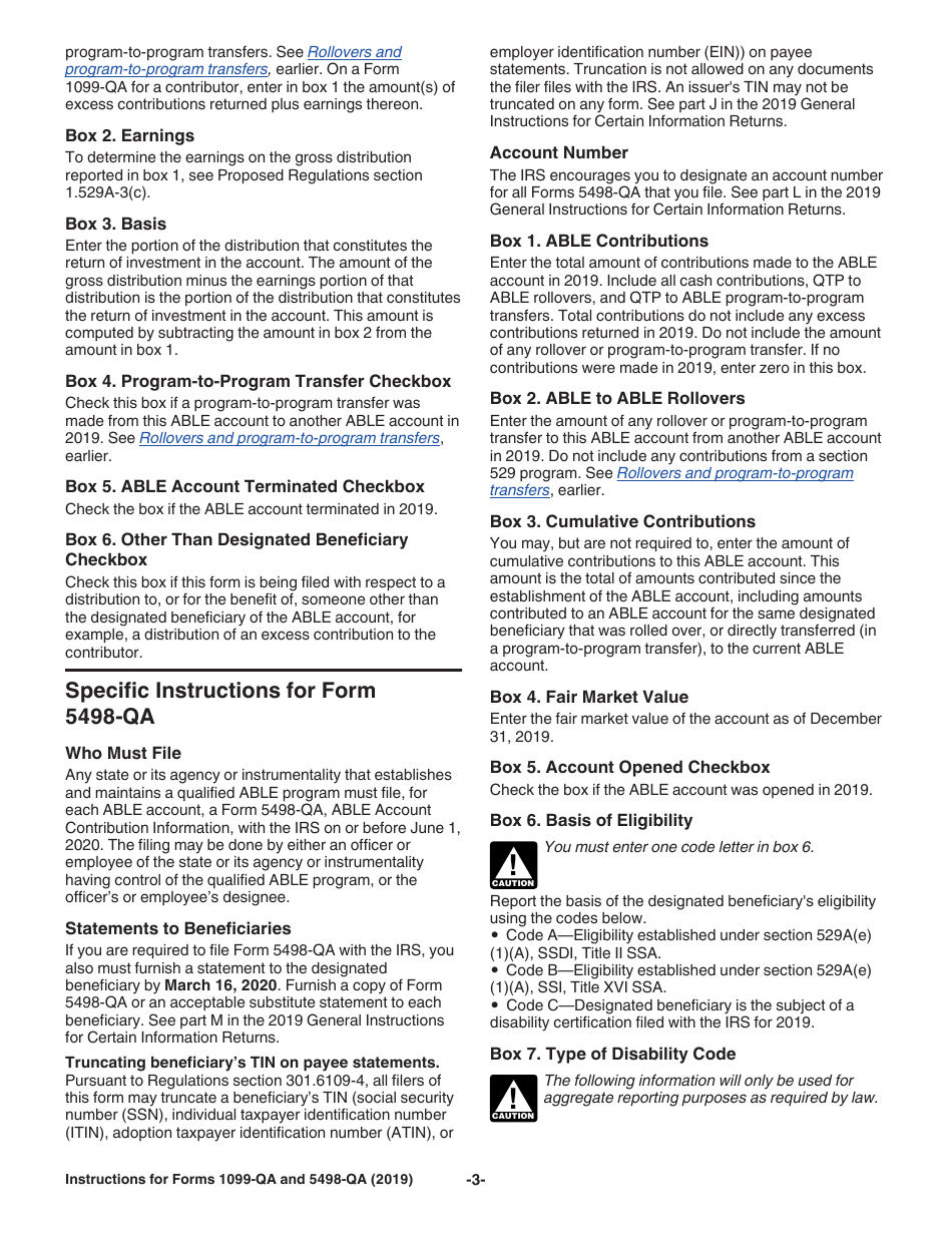 Instructions for IRS Form 1099-QA, 5498-QA Distributions From Able Accounts and Able Account Contribution Information, Page 3