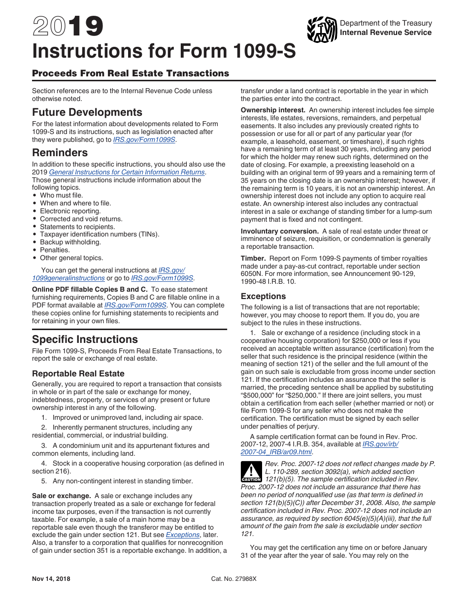 Download Instructions for IRS Form 1099S Proceeds From Real Estate