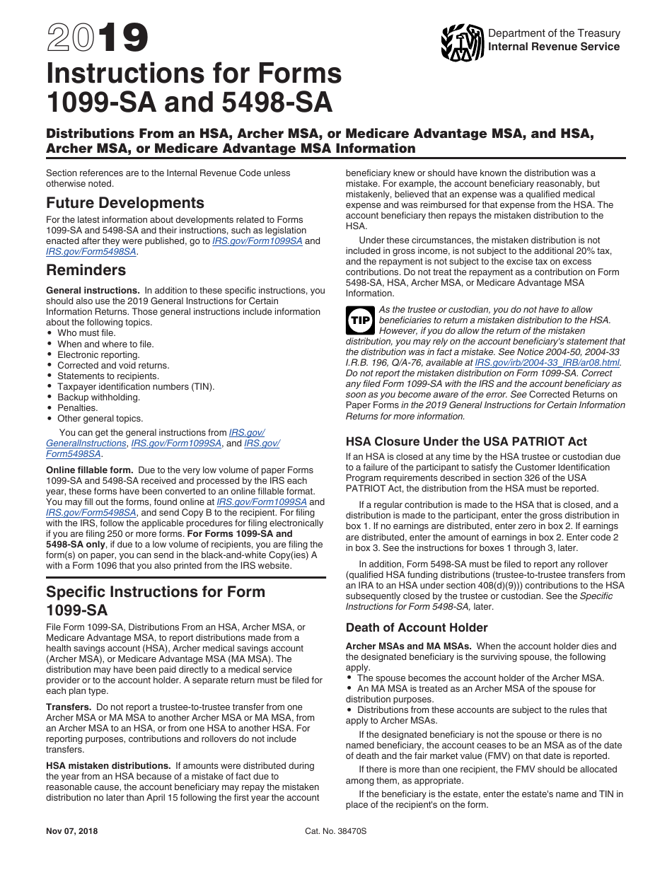 Instructions for IRS Form 1099-SA, 5498-SA Distributions From an Hsa, Archer Msa, or Medicare Advantage Msa, and Hsa, Archer Msa, or Medicare Advantage Msa Information, Page 1