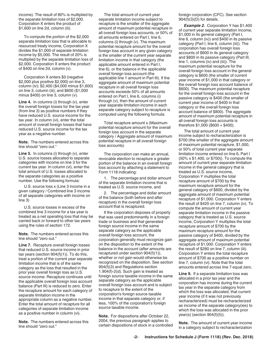 Instructions for IRS Form 1118 Schedule J Adjustments to Separate Limitation Income (Loss) Categories for Determining Numerators of Limitation Fractions, Year-End Recharacterization Balances, and Overall Foreign and Domestic Loss Account Balances, Page 2