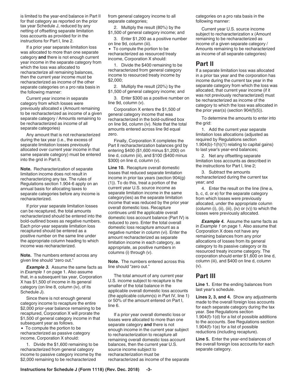 Instructions for IRS Form 1118 Schedule J Adjustments to Separate Limitation Income (Loss) Categories for Determining Numerators of Limitation Fractions, Year-End Recharacterization Balances, and Overall Foreign and Domestic Loss Account Balances, Page 3