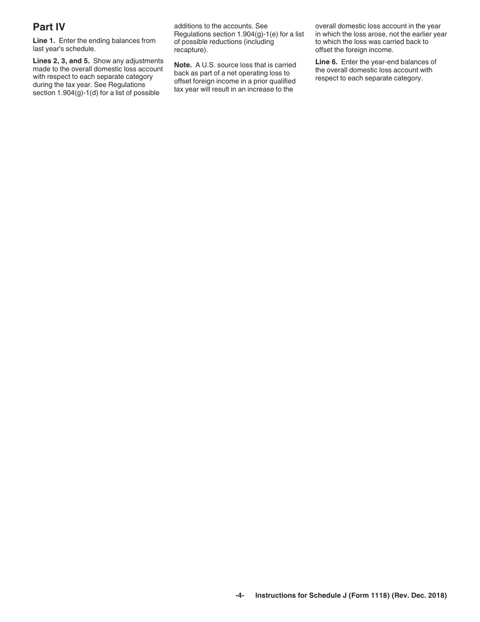 Instructions for IRS Form 1118 Schedule J Adjustments to Separate Limitation Income (Loss) Categories for Determining Numerators of Limitation Fractions, Year-End Recharacterization Balances, and Overall Foreign and Domestic Loss Account Balances, Page 4