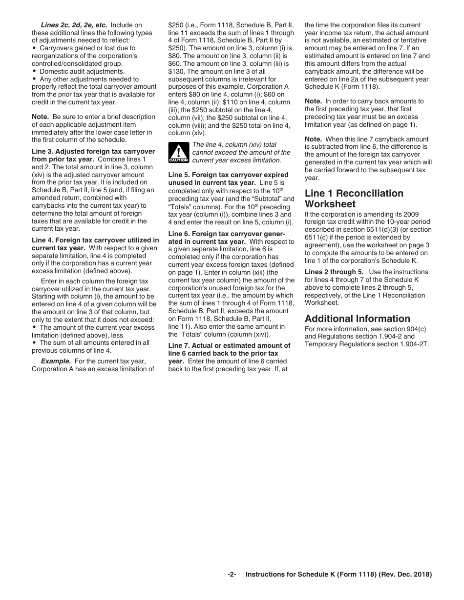 Instructions for IRS Form 1118 Schedule K Foreign Tax Carryover Reconciliation Schedule, Page 2