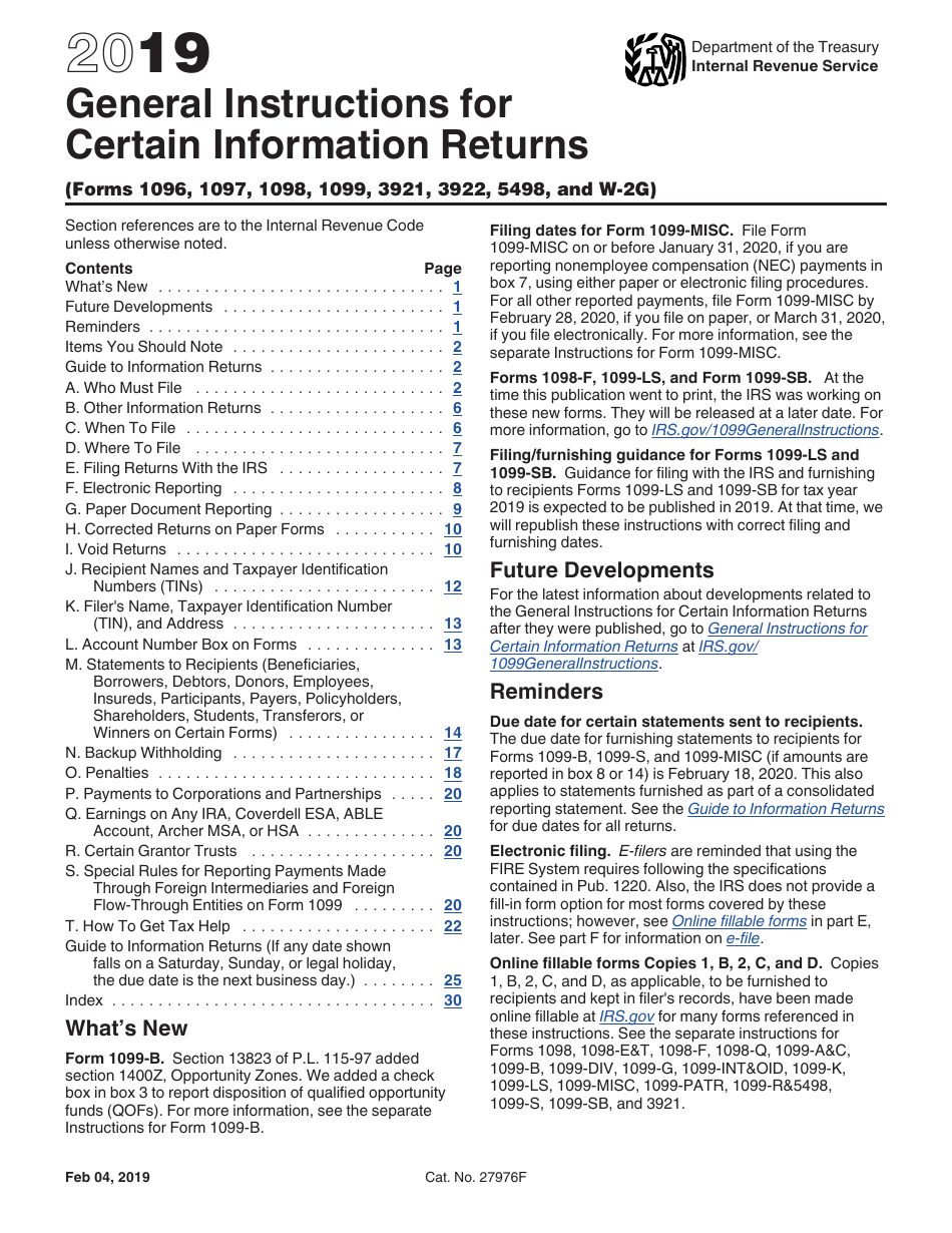 Instructions for IRS Form 1096, 1097, 1098, 1099, 3821, 3822, 5498, W-2G Certain Information Returns, Page 1