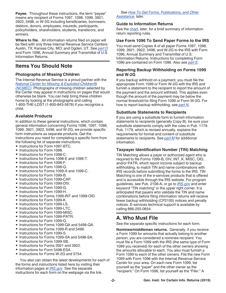 Instructions for IRS Form 1096, 1097, 1098, 1099, 3821, 3822, 5498, W-2G Certain Information Returns, Page 2