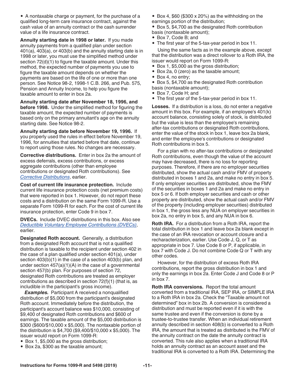 Instructions for IRS Form 1099-R, 5498 Distributions From Pensions, Annuities, Retirement or Profit-Sharing Plans, IRAs, Insurance Contracts, Etc., Page 11