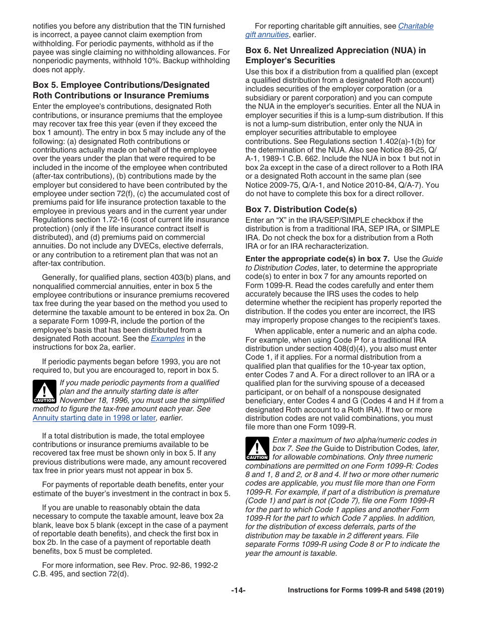 Instructions for IRS Form 1099-R, 5498 Distributions From Pensions, Annuities, Retirement or Profit-Sharing Plans, IRAs, Insurance Contracts, Etc., Page 14