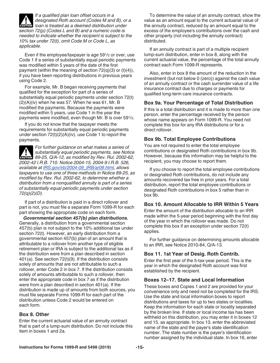 Instructions for IRS Form 1099-R, 5498 Distributions From Pensions, Annuities, Retirement or Profit-Sharing Plans, IRAs, Insurance Contracts, Etc., Page 15