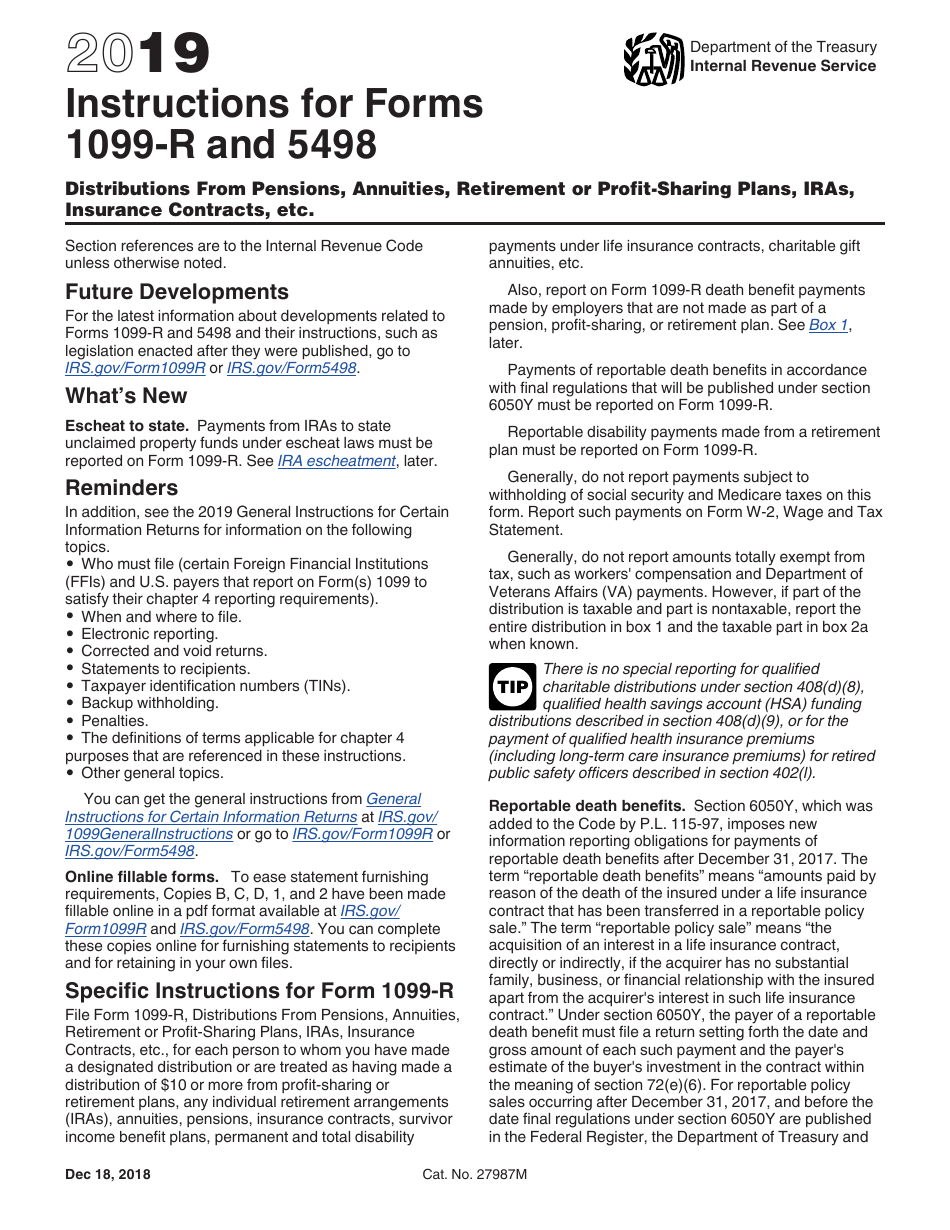 Instructions for IRS Form 1099-R, 5498 Distributions From Pensions, Annuities, Retirement or Profit-Sharing Plans, IRAs, Insurance Contracts, Etc., Page 1