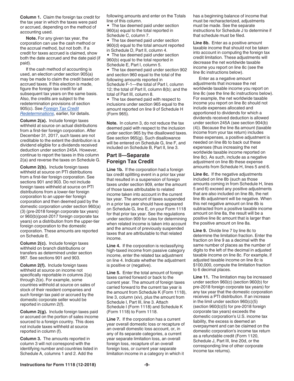 Instructions for IRS Form 1118 Foreign Tax Credit - Corporations, Page 9