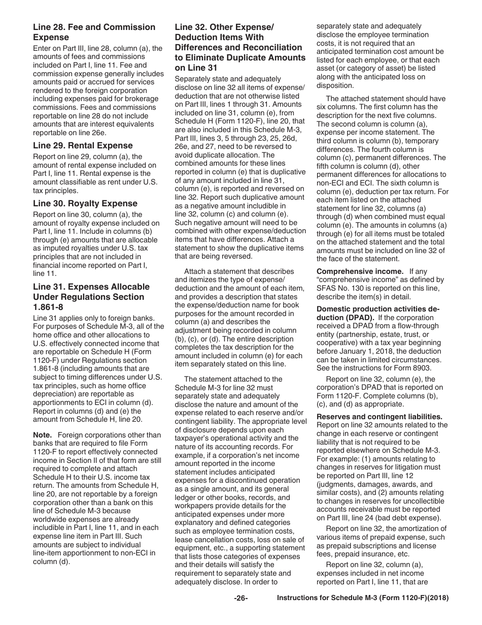 Instructions for IRS Form 1120-F Schedule M-3 Net Income (Loss) Reconciliation for Foreign Corporations With Reportable Assets of $10 Million or More, Page 26