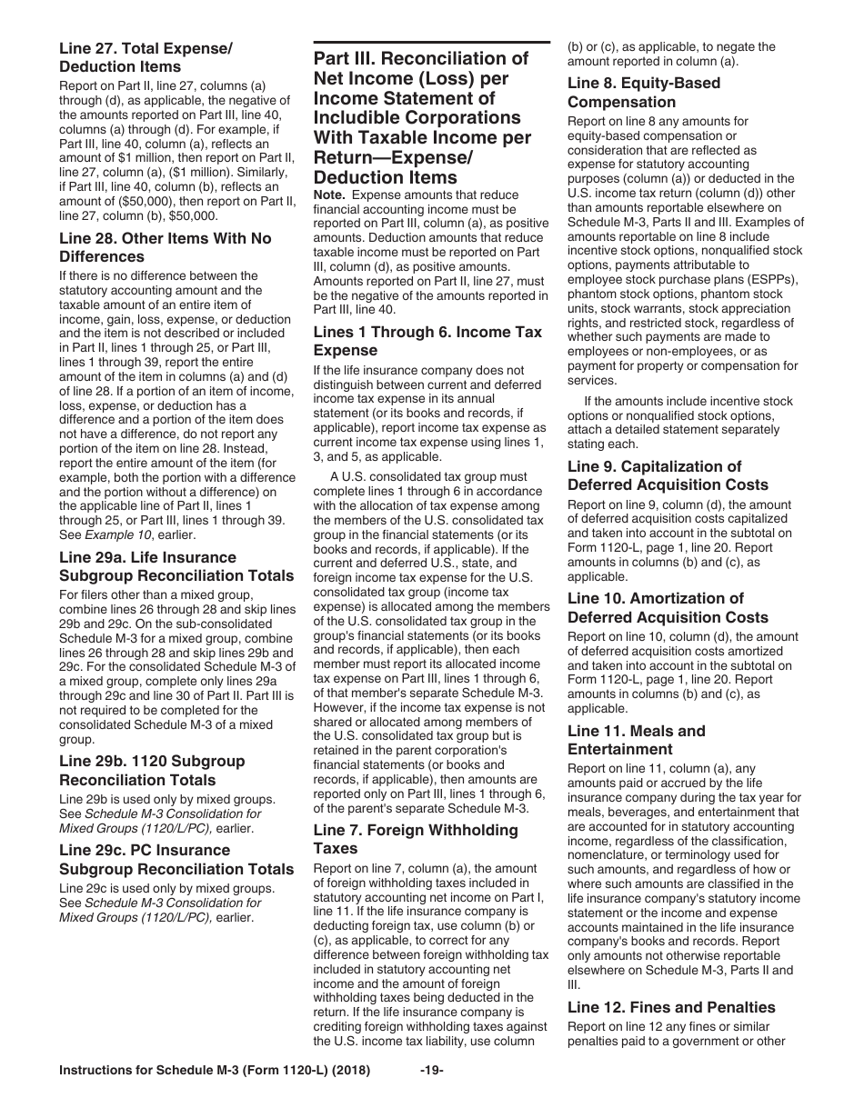 Instructions for IRS Form 1120-L Schedule M-3 Net Income (Loss) Reconciliation for U.S. Life Insurance Companies With Total Assets of $10 Million or More, Page 19