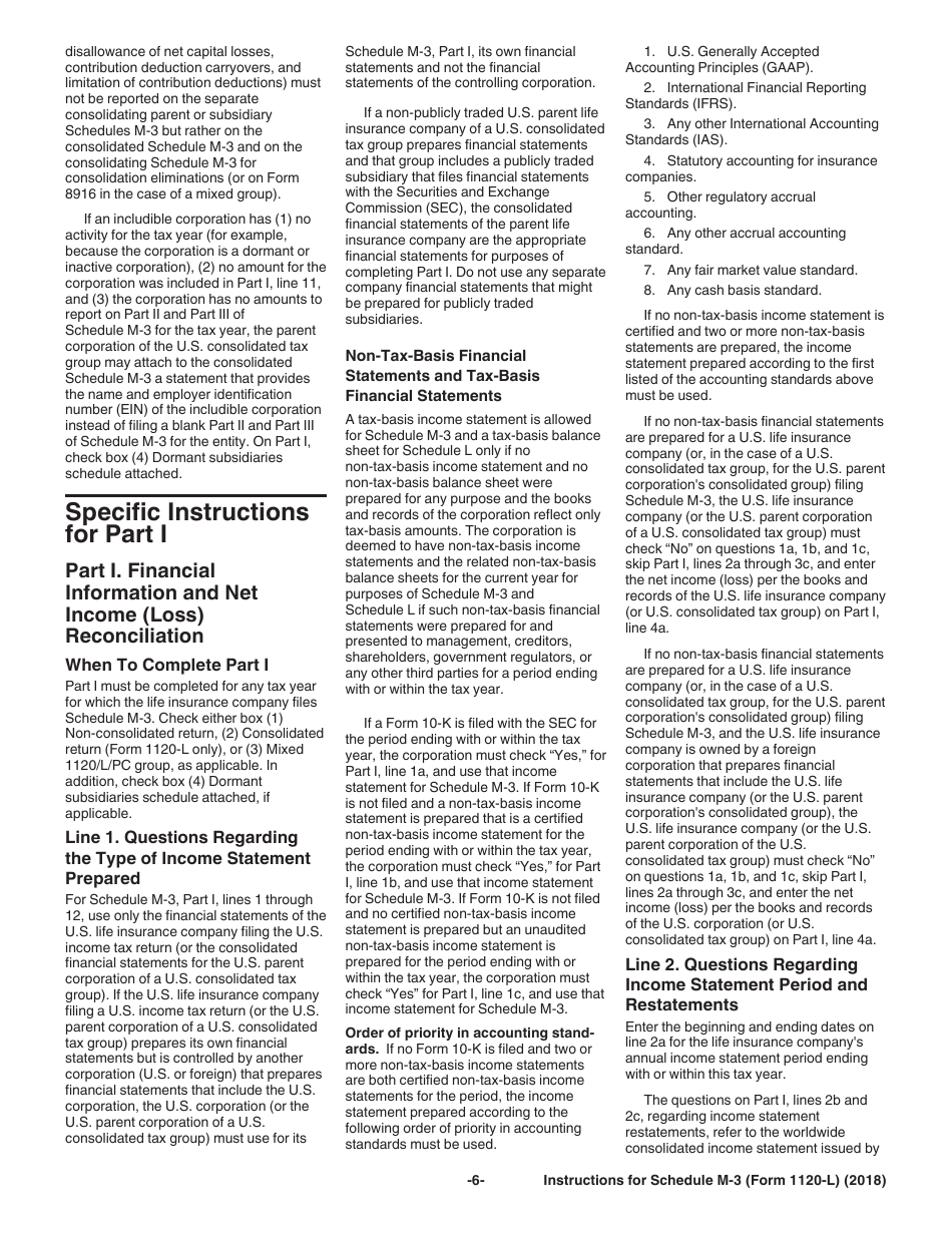 Instructions for IRS Form 1120-L Schedule M-3 Net Income (Loss) Reconciliation for U.S. Life Insurance Companies With Total Assets of $10 Million or More, Page 6