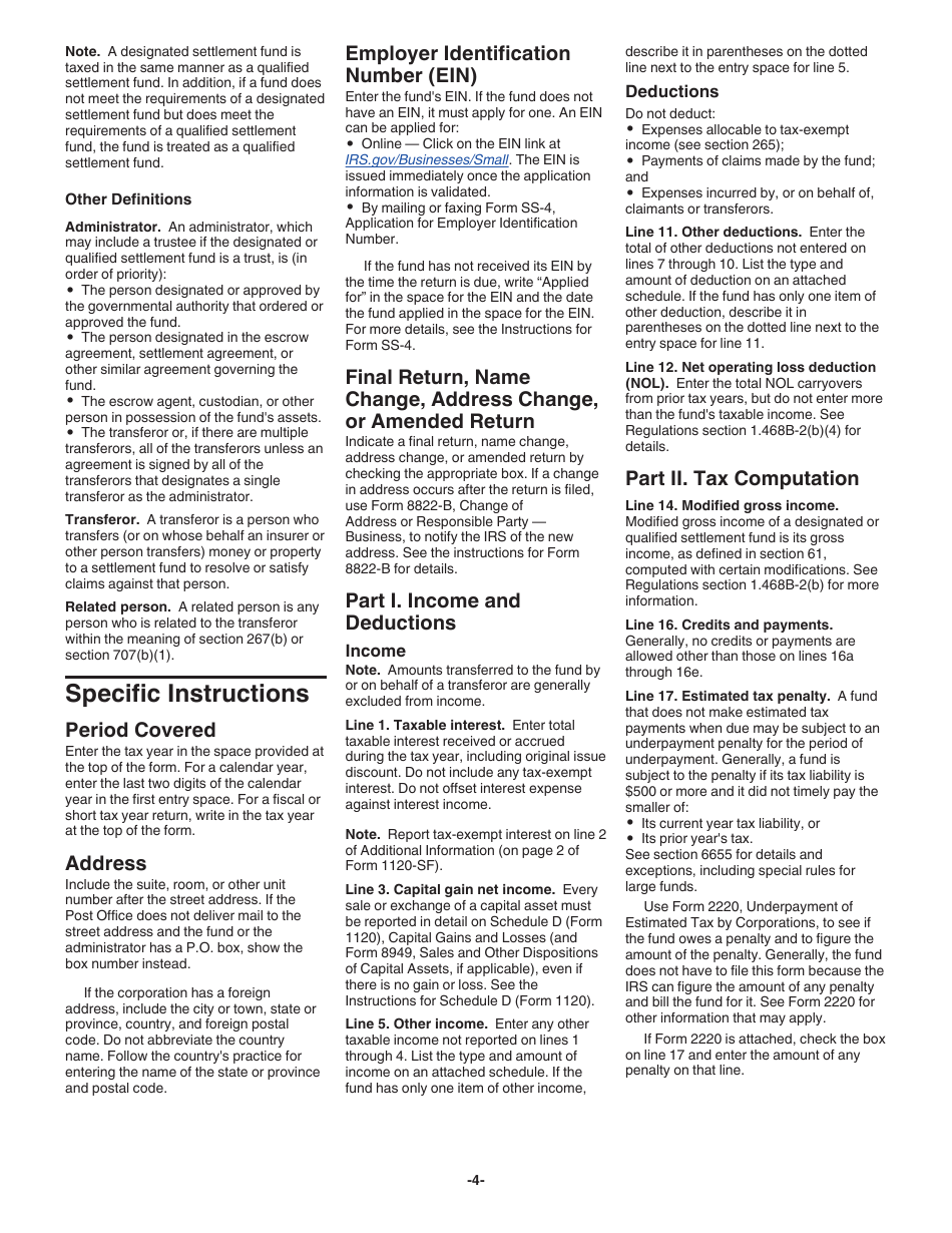 Instructions for IRS Form 1120-SF U.S. Income Tax Return for Settlement Funds, Page 4