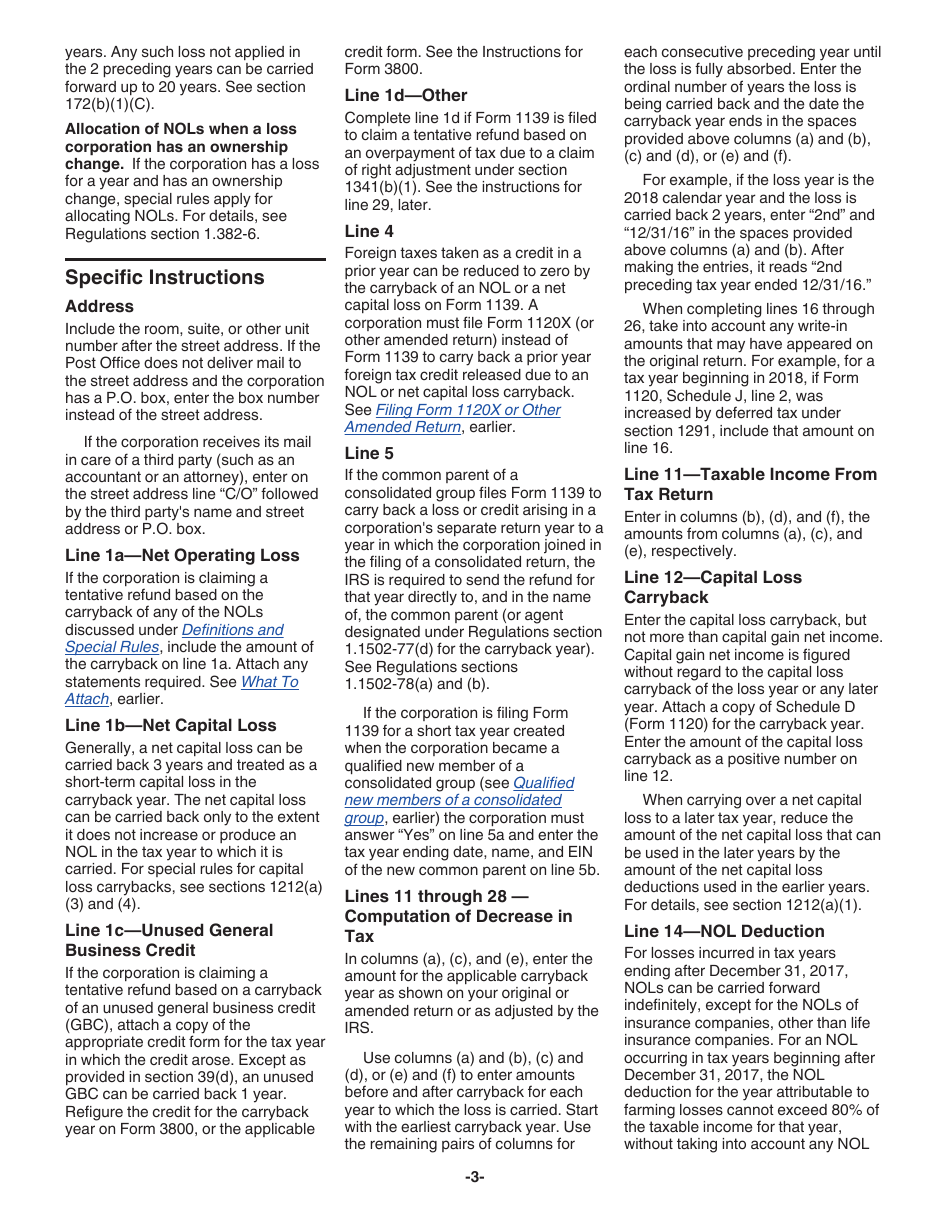 Instructions for IRS Form 1139 Corporation Application for Tentative Refund, Page 3