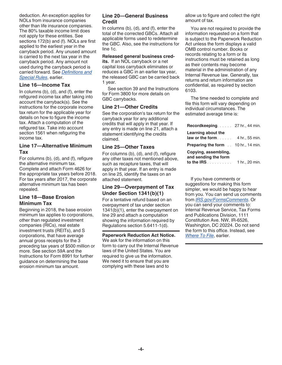 Instructions for IRS Form 1139 Corporation Application for Tentative Refund, Page 4