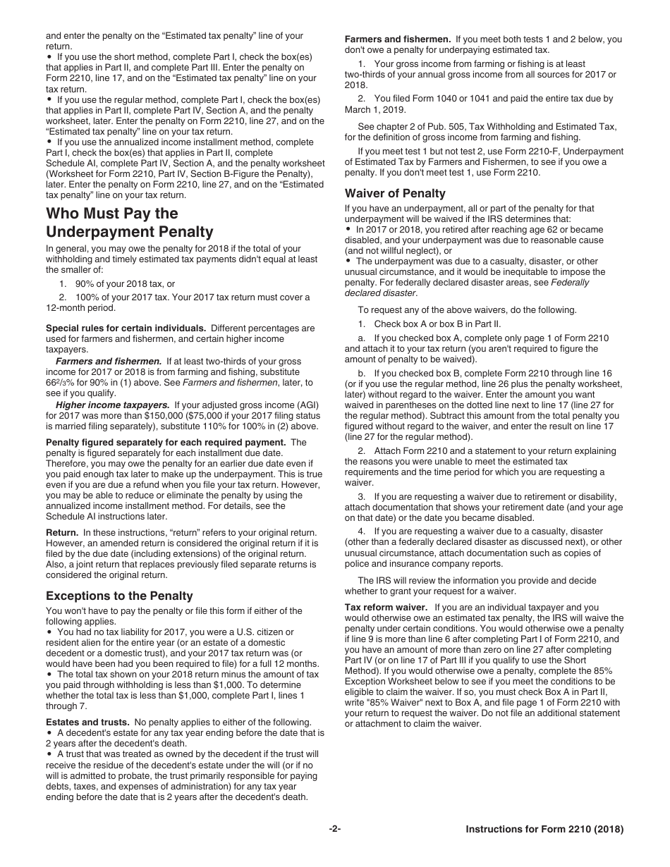 Instructions for IRS Form 2210 Underpayment of Estimated Tax by Individuals, Estates, and Trusts, Page 2