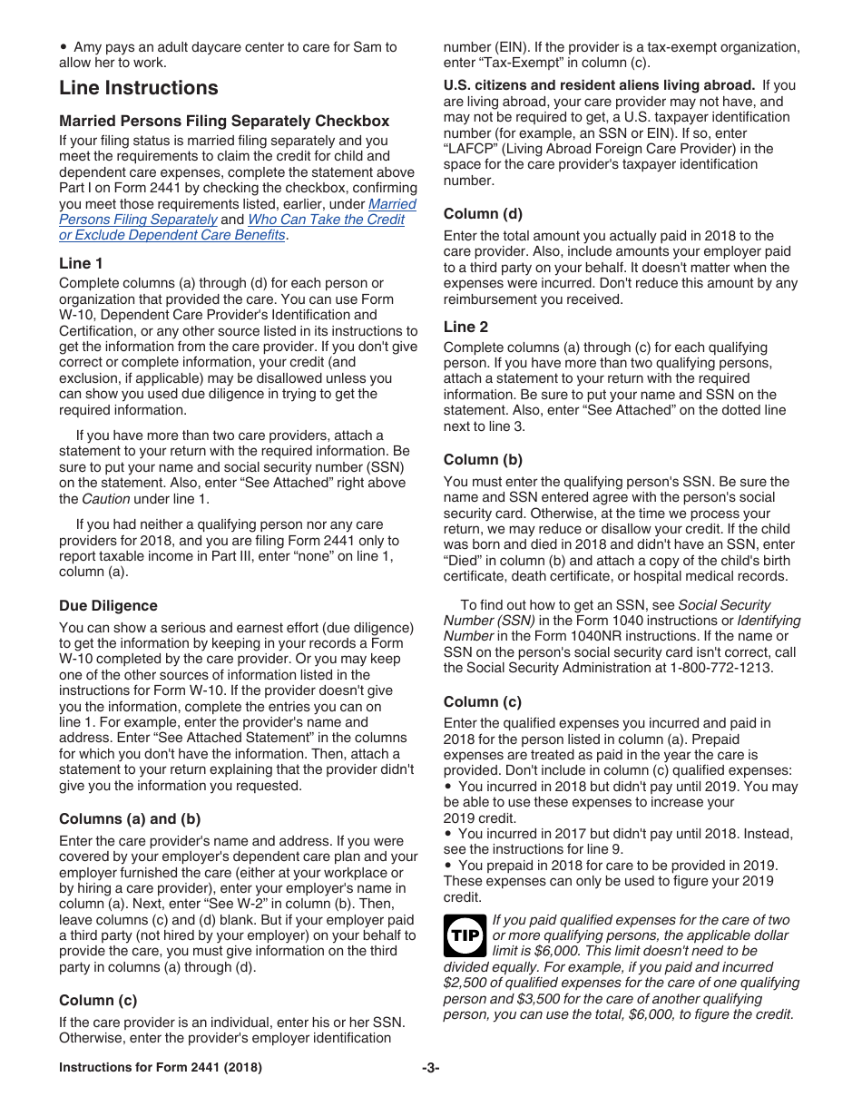 Instructions for IRS Form 2441 Child and Dependent Care Expenses, Page 3