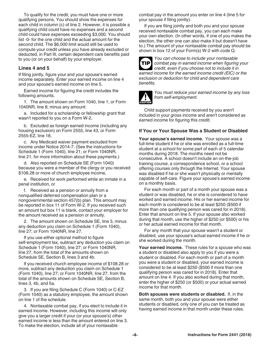 Instructions for IRS Form 2441 Child and Dependent Care Expenses, Page 4